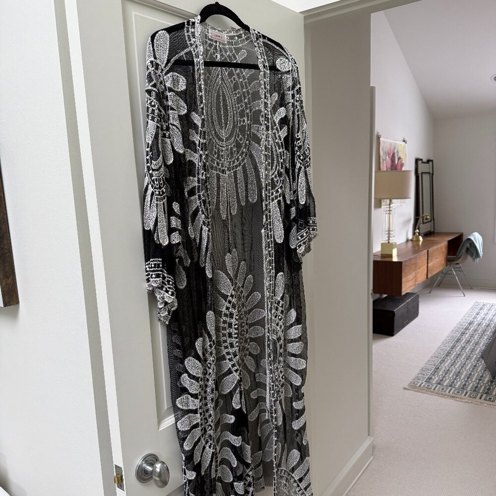 Kamana Black and White Embroidered Kimono Swimsuit Cover Up